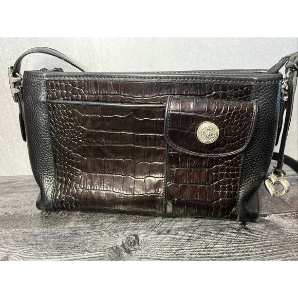 Vintage Brighton Purse Black And Brown Leather Handbag w/ Embossed Crocodile - Picture 2 of 12